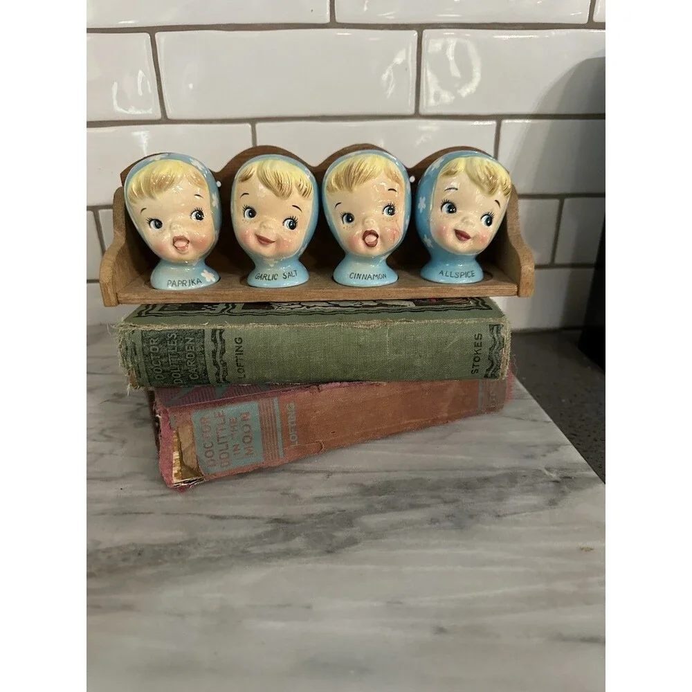 Vtg Napco Miss Cutie Pie Blue Spice Shaker Set Paprika Allspice Cinnamon Garlic